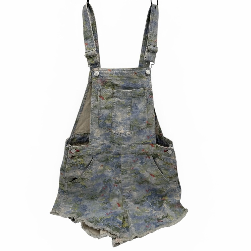 PILCRO Blue and Green Floral-Trim Denim Overall Shorts Size 30